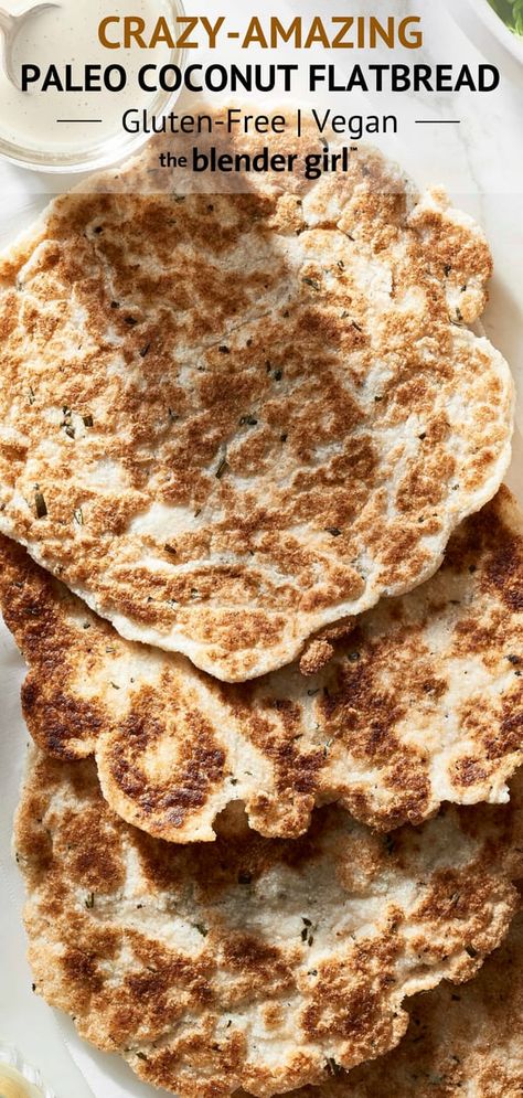 Paleo Flatbread with Coconut Flour {Gluten-Free, Vegan} - The Blender Girl Paleo Flatbread Recipe, Paleo Pita Bread, Coconut Flour Flatbread, Recipe With Coconut Flour, Paleo Flatbread, Gluten Free Flatbread, Recipes With Naan Bread, Aip Desserts, Flatbread Recipe