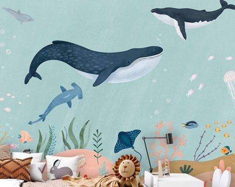 Under the Sea Nursery Curtains Sea Animal Nursery Decor Kids Bedroom Curtains Black Out Curtains Ocean Animal Window Curtains - Etsy Australia Wallpaper Whale, Under The Sea Wallpaper, The Sea Wallpaper, Whale Wallpaper, Sea Murals, Wallpaper Ocean, Kindergarten Wallpaper, Sea Nursery, Wallpaper Kids