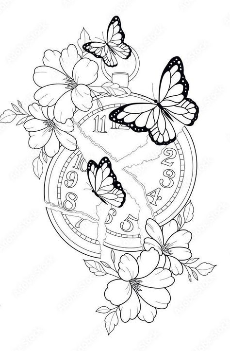 Butterfly Tattoo Stencil, Half Sleeve Tattoos Drawings, Cute Hand Tattoos, Pretty Hand Tattoos, Clock Tattoo Design, Tattoo Zeichnungen, Tattoos For Women Half Sleeve, Small Pretty Tattoos, Tattoos For Black Skin