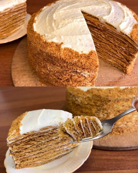 Gâteau au miel ukrainien classique (Medivnyk) - Recettes Greenku Honey Cream Cake, Ukrainian Honey Cake, Honey Layer Cake, Ukrainian Cake, Ukrainian Desserts, Condensed Milk Cake, Parmesan Green Beans, Ukrainian Culture, German Recipes