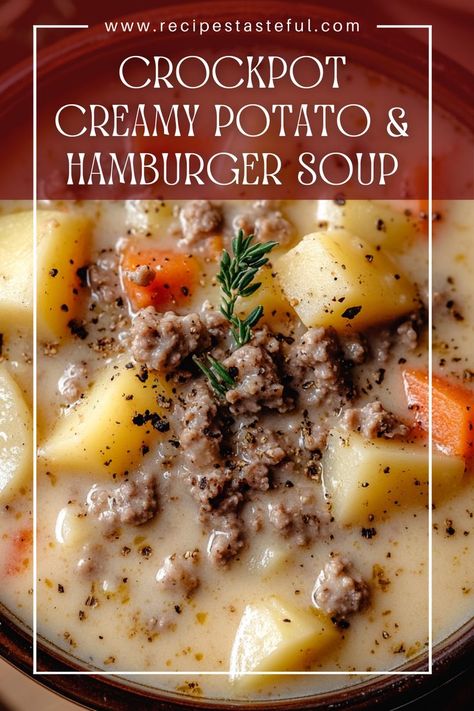 Crockpot Creamy Potato & Hamburger Soup is a deliciously rich and comforting dish, perfect for a cozy meal. This easy recipe combines ground beef, fresh vegetables, and creamy ingredients for a satisfying soup that's sure to warm you up. Beef Soup Crockpot, Hamburger Soup Crockpot, Hamburger Crockpot Recipes, Potato Hamburger Soup, Hamburger Potato Soup, Ground Beef Crockpot Recipes, Easy Hamburger Soup, Easy Crockpot Soup, Ground Beef Stews