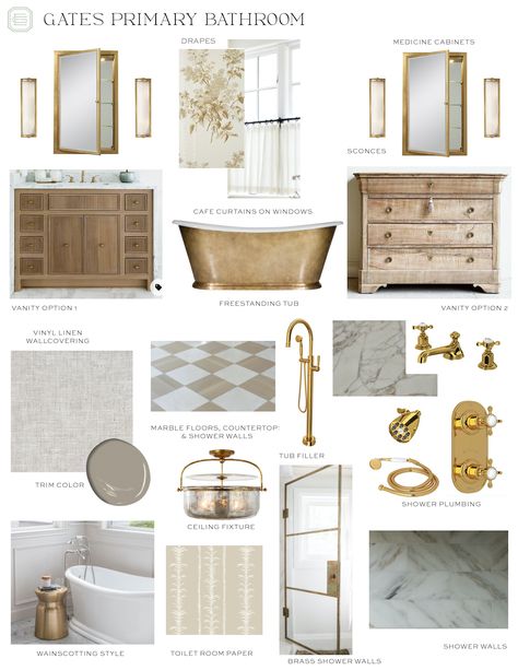 Master Bath Mood Board 2023, Modern Rustic Primary Bathroom, Vintage Primary Bathroom, Master Bath Transitional Style, Designer Master Bath, French Country Primary Bathroom, Colonial Chic Bathroom, Classic Master Bathrooms, European Farmhouse Aesthetic