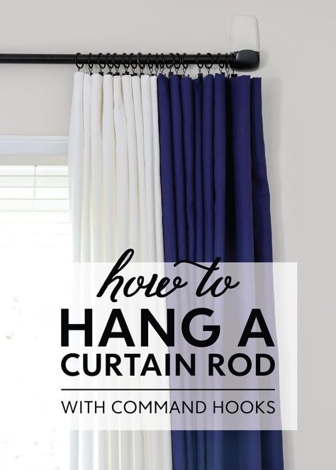 Want to hang curtains in rental but don't want to damage the wall? Learn how to hang a curtain rod without drilling using Command Hooks! Diy Curtain Hanging, Command Hooks Curtains, Curtains Without Rods, Curtains Over Blinds, Curtains Without Drilling, Installing Curtain Rods, Hanging Drapes, Apartment Curtains, How To Hang Curtains