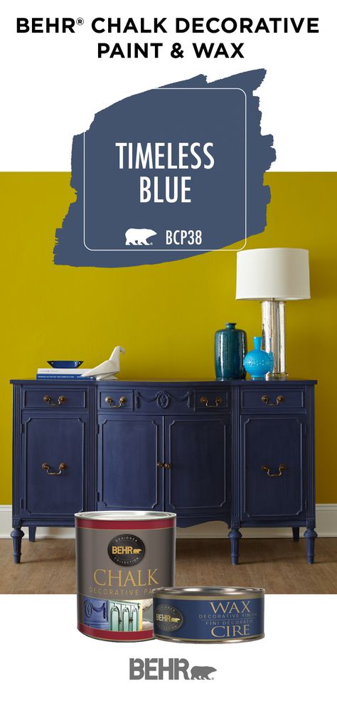 Give old furniture a brand new style with BEHR® Chalk Decorative Paint & Wax. The dark navy hue of Timeless Blue adds a subtle pop of colour to this antique entryway dresser. When paired with modern gold hardware, this vintage furniture piece takes on a traditional style. Click below to find more home decor inspiration for your bedroom, kitchen, living room, and beyond. Behr Chalk Paint, Antique Entryway, Entryway Dresser, Painting Old Furniture, Modern Home Decor Living Room, Living Room Decor Furniture, Trendy Bedroom, Chalk Paint Furniture, Paint Colours