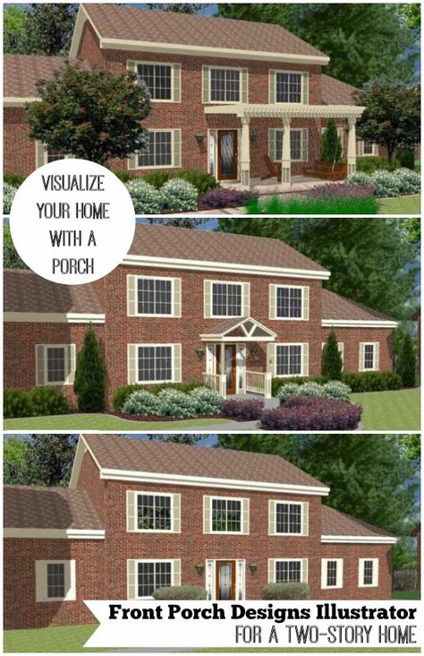 Great front porch designs are the first step to a perfect porch. Use our Two Story Home Front Porch Illustrator to help you visualize how a home can change with various styles of porches and landscaping.  We also have a Ranch Home Design Illustrator. We show you pictures of conceptual porches up-close, from the street, from above and either side. We have so many front porch ideas. Front Porch Addition Colonial, Colonial Front Porch, Front Porch Addition, Porch Kits, Ranch House Designs, Porch Styles, House Front Porch, Porch Remodel, Porch Addition