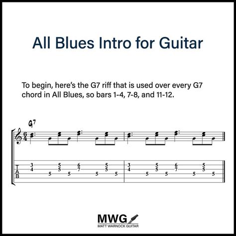 In this lesson, you learn how to play the All Blues piano intro on guitar. As we have fewer fingers than pianists, this version of the piano riff fits on the fretboard and outlines the original sound as closely as possible. Start by learning the riff over each chord in the tune separately, then combine them to play the riff as a whole over the backing track. From there, you can alter the rhythms, add some notes, take some notes away, etc. to create your own variations on this famous riff. Blues Guitar Lessons, Blues Piano, Guitar Scales, Backing Tracks, Blues Guitar, Guitar Tabs, Learn Guitar, The Piano, Guitar Lessons