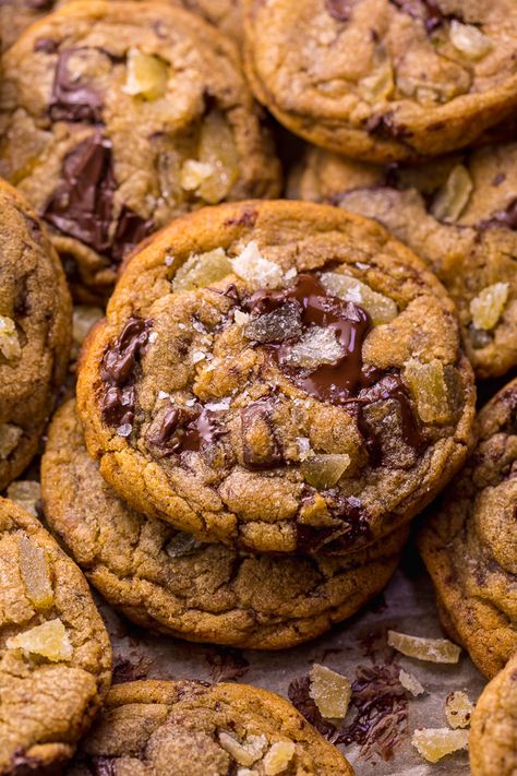 Chewy Ginger Chocolate Chunk Cookies - Baker by Nature Gingerbread Chocolate, Chewy Ginger Cookies, Ginger Chocolate, Baker By Nature, Candied Ginger, Chewy Candy, Chocolate Chunk, Chocolate Chunk Cookies, Ginger Cookies