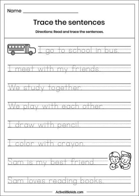 Free Kindergarten Writing Sentences Worksheets - Active Little Kids | Writing sentences kindergarten, Writing worksheets kindergarten, Writing sentences worksheets Handwriting Practice Sentences, Writing Sentences Kindergarten, Free Handwriting Practice Sheets, English Writing Practice, Handwriting Practice Free, Writing Practice Kindergarten, Free Printable Handwriting Worksheets, Handwriting Worksheets For Kindergarten, Sentences Kindergarten