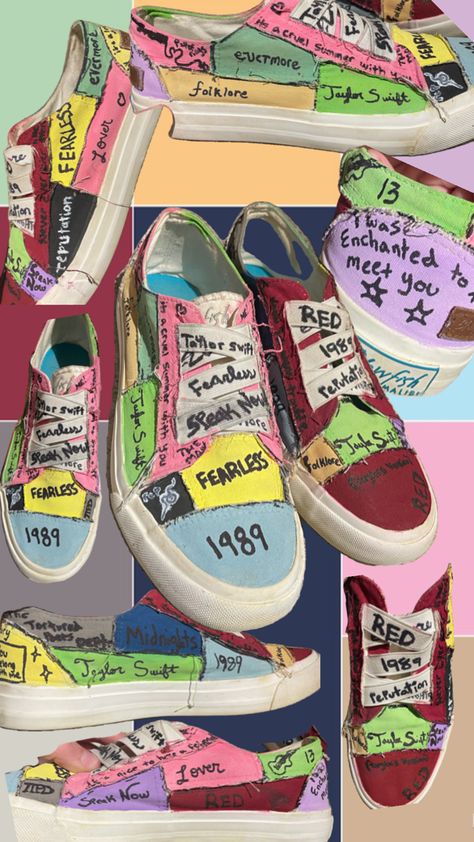 Do it yourself painted shoes, painted to the theme of Taylor Swift album eras Taylor Swift Shoes, Evermore Folklore, Taylor Swift Eras, Painted Shoes, Diy Shoes, Debut Album, Diy Painting, Taylor Swift, Swift