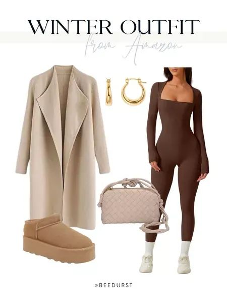 Winter outfit from Amazon, Amazon fashion, cozy winter outfit, uggs dupe, coat cardigan, long sleeve leggings jumpsuit, winter coat, purse Boujee Winter Outfits, Jumpsuit Winter Outfit, Brown Winter Outfit, Winter Dinner Outfit, Outfit From Amazon, Cozy Winter Outfit, Jumpsuit Winter, Winter Styles, Cozy Winter Outfits