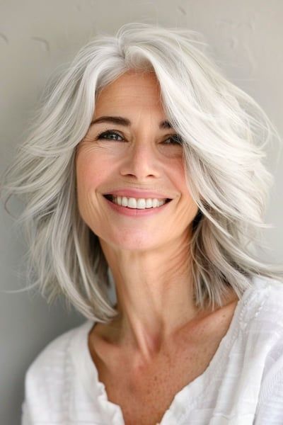 Clicks to explore more. . . . . . . . Grey Hair Transformation, 50 Hair, Silver Blonde, Shag Hairstyles, Layered Bob, Chic Hairstyles, Modern Hairstyles, Women Over 50, Hairstyles For Women