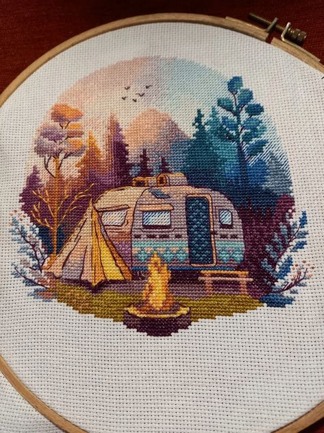 Camping Cross Stitch Patterns, Cross Stitch Camping, Craft For Adults, Landscape Diy, Cross Stitch Projects Ideas, Mountain Tapestry, Dmc Cross Stitch, Cross Stitch Landscape, Crochet Knit Stitches