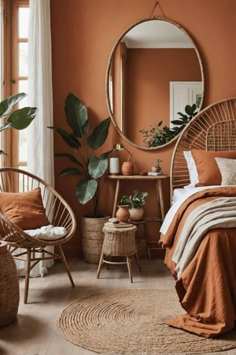 Bohemian Modern Bedroom, Boho Beach Bedroom, Colorful Boho Bedroom, Earthy Bedroom Ideas, Rustic Wood Bench, Home Paint Color, Boho Bedroom Design, Choosing Paint Colours, Earthy Bedroom