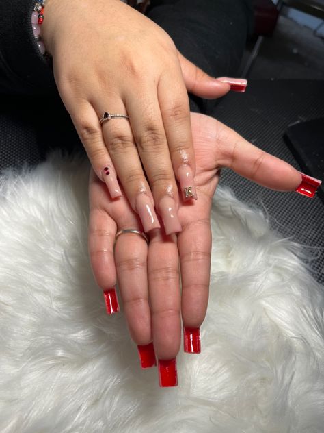 Acrylic Nails With Initials On Them Red, Red French Tip Nails Coffin Medium, Red Acrylic Nails Coffin With Initials, Nails With Red Underneath, Short French Tips With Initial, Red French Tip Nails Square Medium, Square Acrylic Nails Red, Red Acrylic Nails, White Acrylic Nails