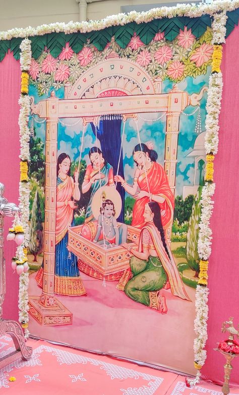 Barasala Backdrop Decoration At Home, Cradle Ceremony Decorations Krishna Theme, Cradle Ceremony Decorations At Home Diy, Barasala Decoration At Home, Barasala Decoration, Uyyala Function, Cradle Ceremony Decorations, Indian Baby Shower Invitations, Cradle Decoration