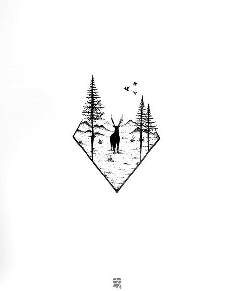 Men Outdoors Tattoo, Forest Deer Tattoo, Deer Tattoos Men, Tattoo Outdoors Nature, Minimalist Forest Tattoo, Men’s Nature Tattoo, Geometric Nature Tattoo Design, Deer Geometric Tattoo, Nature Tattoo Men