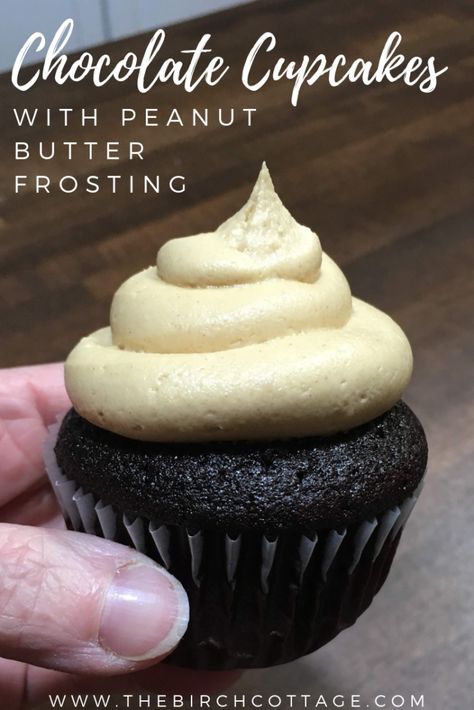 The BEST Dark Chocolate Cupcakes with Peanut Butter Frosting - Seriously! - The Birch Cottage #chocolatecupcakes #peanutbutter Chocolate Chunk Muffins, Chocolate Cupcakes With Peanut Butter, Cupcakes With Peanut Butter Frosting, Best Dark Chocolate, Best Buttercream Frosting, Dark Chocolate Cupcakes, Best Buttercream, Peanut Butter Cupcakes, Peanut Butter Frosting