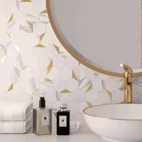 Vinyl Tile Bathroom Wall, Marble And Gold Backsplash, Modern White Backsplash Kitchen, Fun Bathroom Wallpaper Modern, Peel And Stick Kitchen Tile, Gold And White Bathroom Decor Ideas, Groutable Peel And Stick Tile, White And Gold Backsplash, Peel And Stick Floor Tile Bathroom