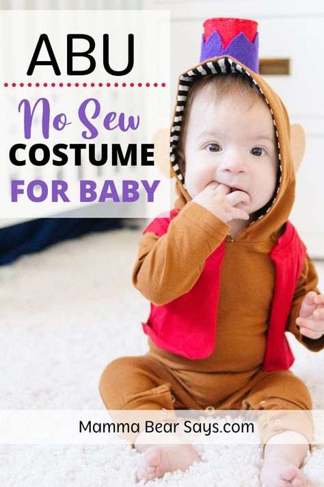 Make your own Abu costume for baby with these easy steps and no sewing needed! It is a great Halloween costume option for your babies' first Halloween or just for a fun Disney costume! #halloween #halloweencostume #disneycostume #disneyhalloween #disneycostume #disneybound #disney #disneyfamily #aladdin #abucostume #babycostume Abu Costume, Dumbo Costume, Baby Story Books, Aladdin Costume, Mamma Bear, Disney Costume, Costume Sewing, Duo Costumes, Great Halloween Costumes