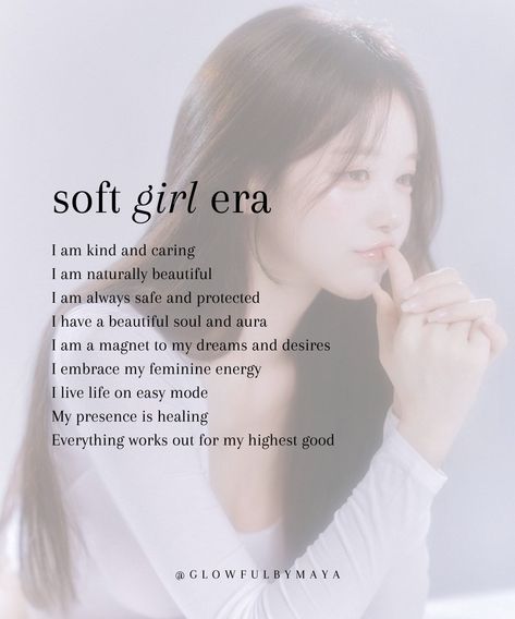 soft girl affirmations • affirmations to step into your soft girl era and your soft life #selflove #softlife #mindsetshifts #dreamlife #healing • glowfulbymaya Soft Girl Affirmations, Girl Affirmations, Soft Girl Era, Soft Life, Totally Me, Naturally Beautiful, Feminine Energy, Beautiful Soul, Soft Girl