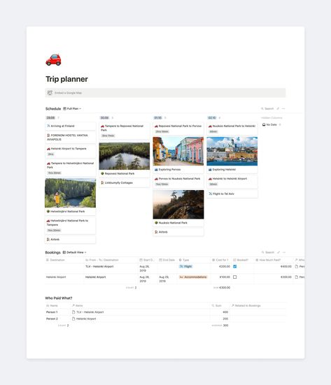 This template is really useful and fun for planning any trip. You can drop all the info you need for the trip in one location, and the board view makes it really easy to plan every day separately. Trip Schedule Design, Notion Template Ideas Travel, Notion Travel Template, Notion Examples, Notion Organization, Trip Planning Template, Free Notion Templates, Notion Inspiration, Notion Board