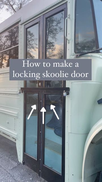 Skoolie Door Lock, Skoolie Back Door, Bus Door Conversion, Skoolie Front Door, Skoolie Door Ideas, Skoolie Door, School Bus Camper, Bathroom Barn Door, Container Living