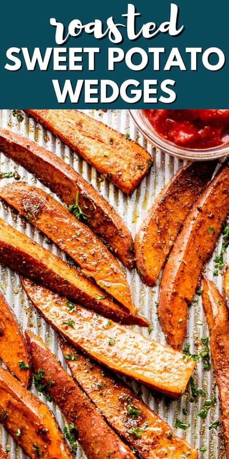 These crispy Roasted Sweet Potato Wedges are seasoned with garlic, chili powder, and Italian seasoning in this nutritious and delicious appetizer or side dish recipe! It's a huge hit every time. Sweet Potato Wedges Oven, Sweet Potato Fries Seasoning, Crispy Sweet Potato Wedges, Roasted Sweet Potato Wedges, Fried Sweet Potato, Baked Sweet Potato Wedges, Sweet Potato Oven, Sweet Potato Seasoning, Crispy Sweet Potato Fries