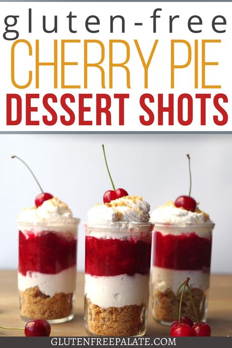 These Cherry Pie Dessert Shots should be on everyone’s to-make list. These stunning mini desserts in a glass are simple to make and will have everyone licking their spoons. You are going to love this gluten free cherry dessert recipe. Gluten Free Desserts In A Jar, Gluten Free Mini Dessert Cups, Gluten Free Bridal Shower Desserts, Gluten Free Dessert Shooters, Gluten Free Individual Desserts, Gluten Free Wedding Desserts, Gluten Free Cherry Desserts, Gluten Free Mini Desserts, Cherry Cheesecake Shooters