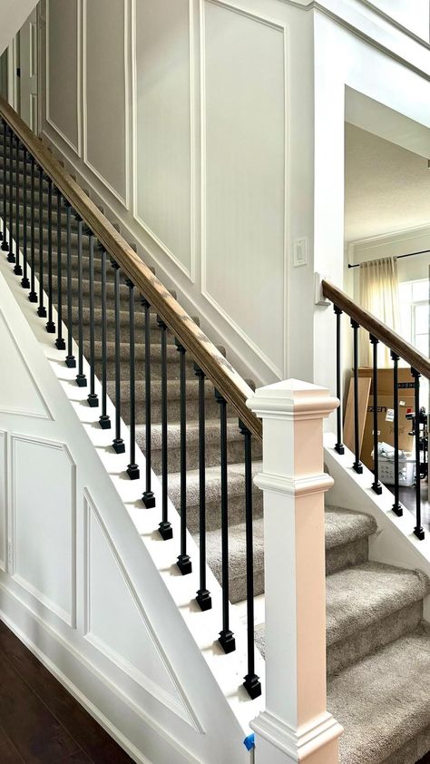 I've put off swapping stair rails for years. I've tackled plenty of projects but never railings. So when my Dad offered to show me the… | Instagram Nj House, Foyer Makeover, Stairway Decor, Entry Way Door, Housekeeping Ideas, Stair Railing Makeover, Diy Staircase Makeover, Wood Floor Colors, Stairs Wall