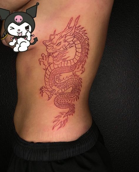 Rib Dragon Tattoo For Women, Red Dragon Rib Tattoo, Side Dragon Tattoos Women, Dragon On Side Tattoo, Red Dragon Tattoo For Women Thigh, Dragon Tattoo On Side Ribs, Dragon Side Tattoo For Women, Dragon Tattoo For Women Ribcage, Dragon On Ribs Tattoo