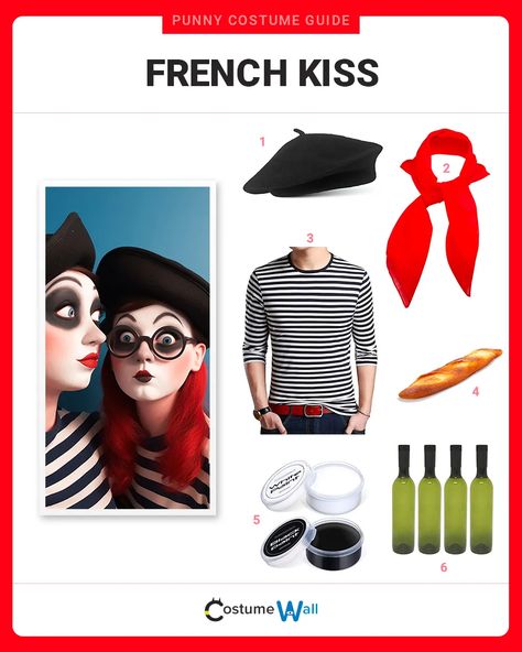 Embrace love and music with the French Kiss pun costume, a creative and entertaining character that's sure to rock! Pun Costumes, Punny Costumes, Kiss Songs, Love And Music, Breton Stripe Shirt, Kiss Costume, White Face Paint, Got Costumes, Costume Guide