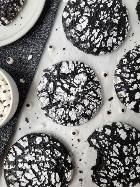 Black Cocoa Crinkle Cookies - My Happy Bakes Dairy Free Chocolate Chip Cookies, Black Cocoa Powder, Halloween Party Desserts, Black Cocoa, Party Food Dessert, Dairy Free Chocolate Chips, Chocolate Crinkle Cookies, Chocolate Crinkles, Soft Sugar Cookies