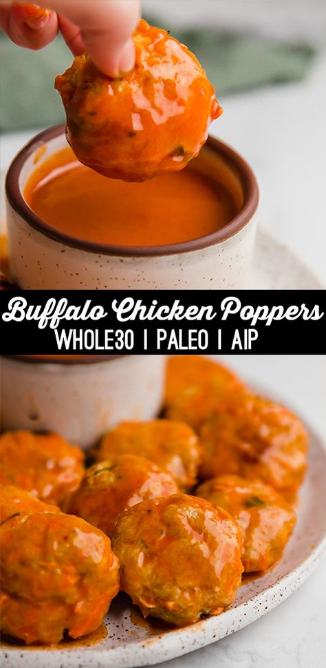 Buffalo Chicken Poppers (Paleo, Whole30, AIP option) - Unbound Wellness Aip Chicken, Buffalo Chicken Sauce, Aip Diet Recipes, Unbound Wellness, Chicken Poppers, Paleo Appetizers, Autoimmune Paleo Recipes, Whole 30 Meal Plan, Aip Paleo Recipes