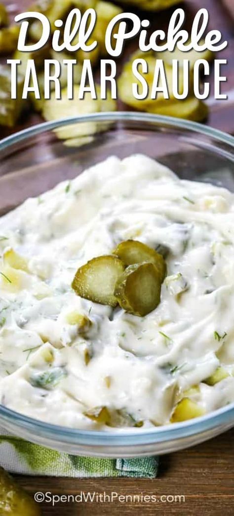 This Dill Pick Tartar Sauce recipe is packed full of crunchy dill pickle goodness! It pairs perfectly with chips or fries, and even goes great on grilled shrimp! #spendwithpennies #dillpickletartarsauce #easysauce #tartarsauce #picklesauce #easycondiment Dill Pickle Tartar Sauce Recipe, Dill Tartar Sauce Recipe, Tartar Sauce Recipe, Sauce Au Poivre, Seafood Mix, Homemade Tartar Sauce, Tartar Sauce, Savory Sauce, Grilled Shrimp