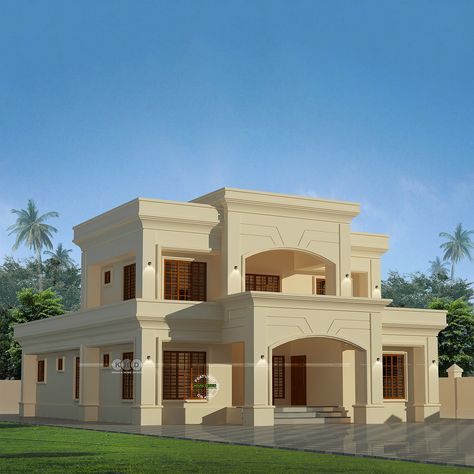 Colonial home in India Colonial Home Design, Haveli Design, House Rendering, Small House Design Architecture, Bungalow Style House, House Outer Design, Colonial Home, Classic House Design, Latest House Designs