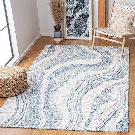 Amazon.com: SAFAVIEH Fifth Avenue Collection 8' x 10' Grey/Ivory FTV121F Handmade Modern Abstract Wool Area Rug : Everything Else Blue White Area Rug, Water Rug, White And Blue Rug, Aqua Room, Hawaii House, Eclectic Area Rug, Beach Place, Lake Decor, Coastal Rugs