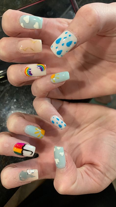 Nails with weather images Tornado, umbrella, sun, sunshine, clouds, rain, rainbows, lightning Tornado Nails Design, Rain Nails Design, Thunderstorm Nails, Rain Drop Nails, Umbrella Nails, Rain Nails, Weather Nails, Sunshine Nails, Weather Images