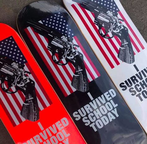 The Quasi America Deck "I survived school today" board featuring an American flag and a hand gun. These have cause quite a stir online, and Quasi is donating 50% of the proceeds to "March For Our Lives". Hit the link to read more.  #skateboarding #skateboards #quasi #guns #gunviolence #schoolshootings Stoneman Douglas High School, Jake Johnson, March For Our Lives, School Survival, Deck Boards, Rallying, Skateboard Decks, I Survived, Spring Collection