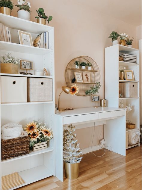 White Desk With Bookshelves, Teen Desk Shelves, Bedroom Desk Bookshelf, White And Gold Bedroom Aesthetic With Plants, White And Gold Bedroom With Plants, Desk And Bookshelf Ideas, White Bookshelves Bedroom, White Desk With Bookshelf, White Bookcase Bedroom