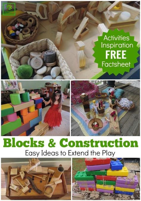 Extend block play and reignite interest in construction and block corner with these simple tips and open ended play ideas. Free Factsheet download for early childhood educators and parents! Open Ended Play Ideas, Childcare Ideas, Natural Learning, Block Center, Family Day Care, Block Area, Elementary Learning, Block Play, Construction Activities