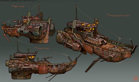 ArtStation - Tugboat concept art , Tano Bonfanti Tano Bonfanti, Steampunk Ship, Ship Sketch, Minecraft Steampunk, Flying Ship, Steampunk Vehicle, Pirate Boats, Stylized Art, Concept Vehicles