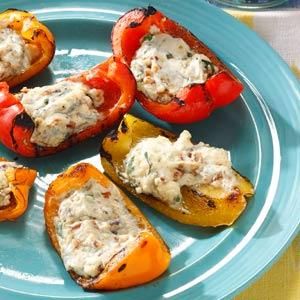 Blue Cheese & Bacon Stuffed Peppers Recipe- Recipes  Grilling is a huge summer highlight for my family, which is one reason we're such fans of this recipe. Whenever I put out a plate of these cute little appetizers, people come flocking. Good thing there are lots of peppers in each bag. —Tara Cruz, Kersey, Colorado Bacon Stuffed Peppers, Grilled Side Dishes, Bbq Side Dishes, Grilled Peppers, Grilling Sides, Grilled Dinner, Bbq Sides, Side Dishes For Bbq, Summer Grilling