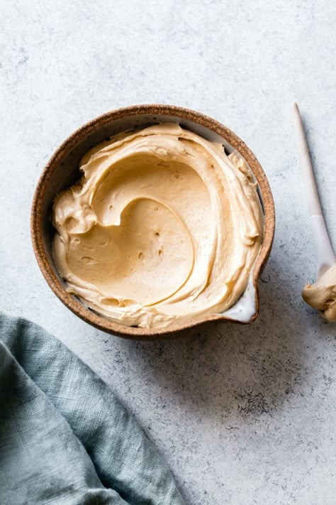 This fluffy peanut butter frosting gets big flavor from creamy, natural peanut butter. Less sweet than most, and made with 5 ingredients! Peanut Butter Ermine Frosting, Whipped Peanut Butter Frosting, Recipes With Vegan Butter, Coconut Flour Chocolate Cake, Fluffy Peanut Butter Frosting, Peanut Butter Ganache, Peanut Butter Frosting Recipe, Ermine Frosting, Whipped Peanut Butter