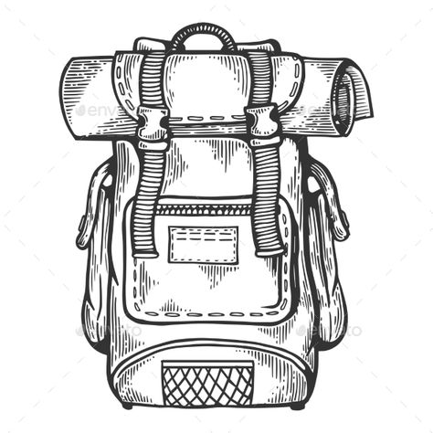 Tourist Backpack Engraving Vector Illustration #Backpack, #Tourist, #Engraving, #Illustration Backpack Drawing Ideas, Backpack Art Drawing, How To Draw A Backpack, Adventure Backpack Drawing, Camping Backpack Drawing, Backpack Illustration Drawing, Backpack Doodle, Backpack Tattoo, Hiking Backpack Drawing