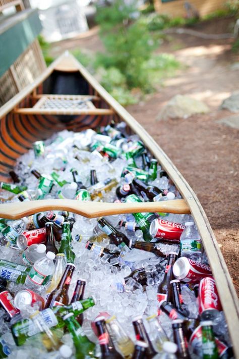 Cool "cooler" idea for a simple lakeside backyard wedding or even a backyard party for any occasion Canoe Wedding, Outdoorsy Wedding, Lakeside Wedding, Outdoor Wedding Decorations, Wedding Drink, Cute Wedding Ideas, Rustic Chic Wedding, Wedding Food, Rehearsal Dinners