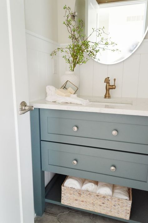 Wallpaper Small Half Bathroom, Small Bathroom Chrome Fixtures, Lake House Half Bathroom, Half Bath White Vanity, Half Bath Inspiration, Farmhouse Ensuite, Half Bath Lighting, Small Half Bathroom, Half Bath Remodel