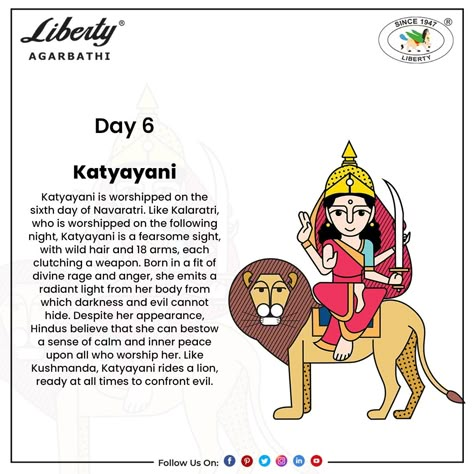 The sixth day of Navratri is dedicated to the worship of Maa Katyayani and signifies cheerfulness and joy. Believed to be the destroyer of all evil, she is seen as a warrior goddess who was able to bring peace to the world. Maa Katyayani is one of the fiercest forms of Goddess Durga. She is also known as Mahishasurmardini (Killer of Mahishasura), as she was able to defeat and kill the evil demon Mahishasura. Day 6 Navratri Goddess Image, Day 6 Navaratri, Day 6 Navratri Goddess, Navratri Illustration, Dark Academia Poems, Katyayani Devi, Navratri Day 6, Nava Durga, Durga Puja Kolkata