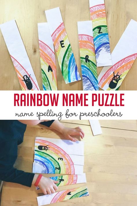 Create your own popsicle stick rainbow puzzle - a great name spelling activity for preschoolers! Popsicle Stick Rainbow, Activity For Preschoolers, Learn Letters, Rainbow Names, Preschool Projects, Children Activities, Puzzle Crafts, Name Activities, Spelling Activities