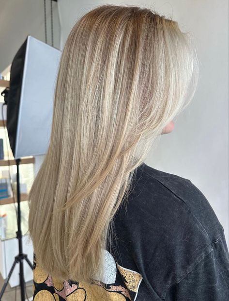 Gtfosage Hair, Icy Blonde Hair Inspiration, Brunette Blonde Babylights, Brown To Blonde Hair Straight, Highlights On Level 7 Hair, Straight Haircut Layers, Haircuts Long Hair Straight, Blonde With Shadow Roots And Lowlights, Blonde White Highlights