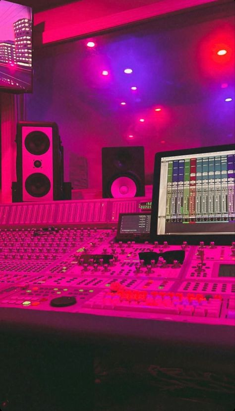 #studio Pink Music Studio Aesthetic, Black Recording Studio, Record Studio Aesthetic, In Home Music Studio, Studio Recording Aesthetic, Pink Music Studio, Producer Studio Aesthetic, Writing Music Aesthetic, Studio Aesthetic Music